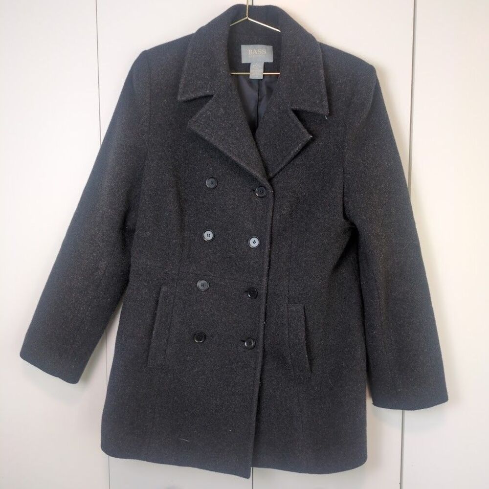 BASS Women's M Medium Wool Blend Pea Coat Jacket Black Double Breasted Lined